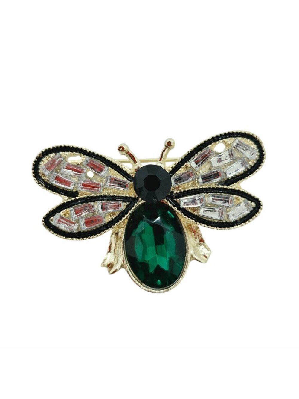 ⭐Gold Tone Rhinestone Green Emerald Fly Brooch Pin Animal Insect Vintage Vibes⭐ - Picture 2 of 5